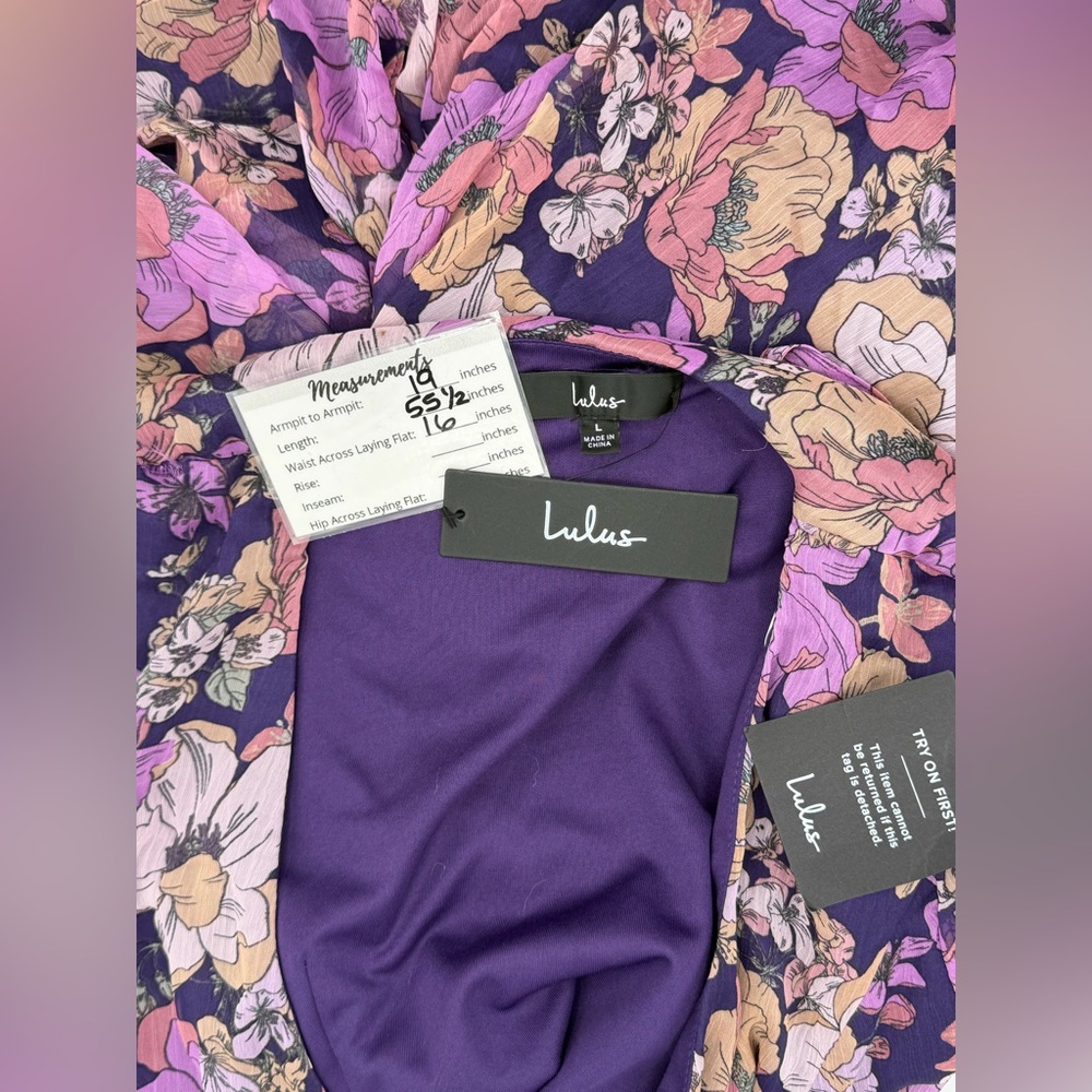 Lulus NWT “Feeling Sweet” Purple Floral Print Long Sleeve Wrap Maxi Dress. Large - Picture 14 of 15